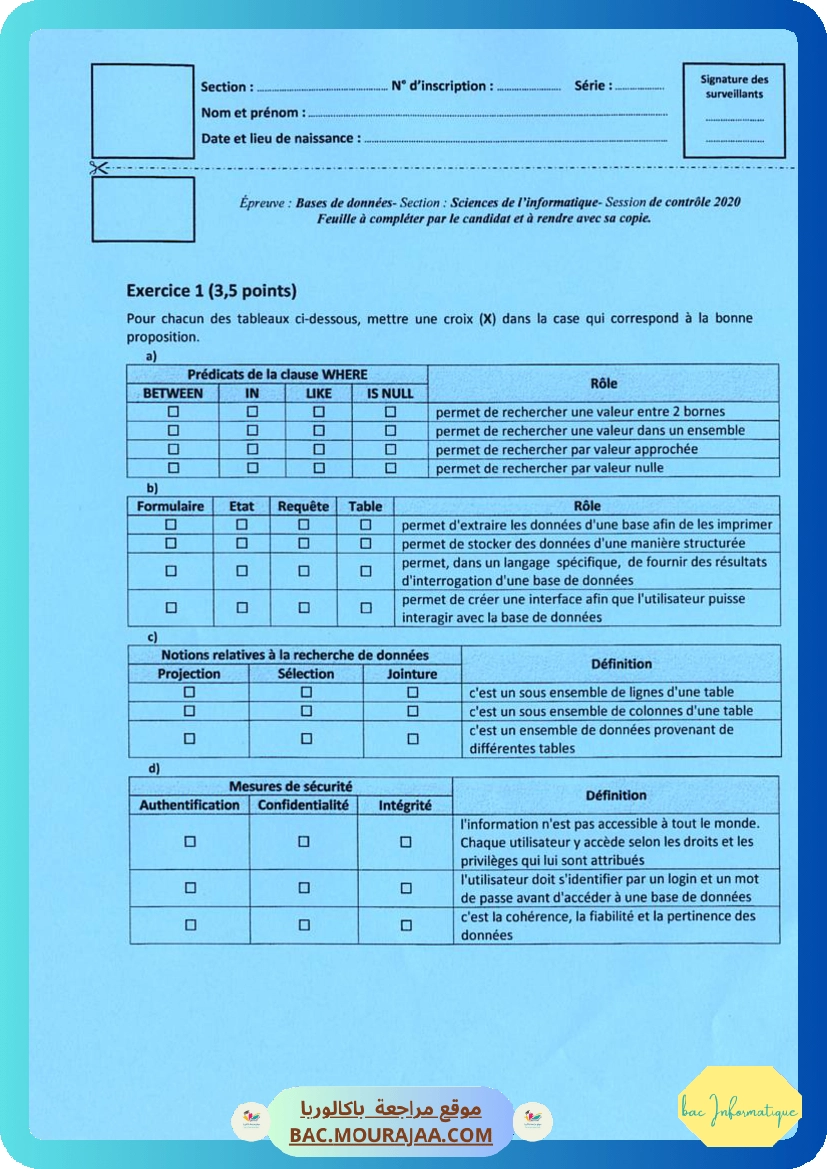 Sujet controle bd Bac 2020 – Section info